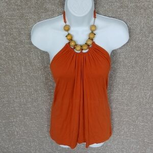 Halter Top w/ Attached Bead Choker Necklace Sleeveless Blouse Burnt Orange Small